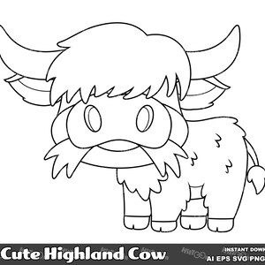 Linda vaca de las Tierras Altas. Conjunto de ilustraciones gráficas vectoriales en formato digital. AI. EPS. SVG. Pdf. Png y Jpg. Sublimación y uso comercial