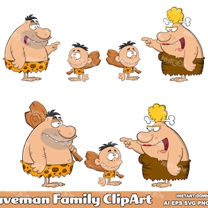 Höhlenmensch Cartoon Familie. Handgezeichnete digitale Clip Art Vektorgrafik Illustrationen Bundle-Set. AI. EPS. SVG. Pdf. Png und Jpg. Kommerzielle Nutzung
