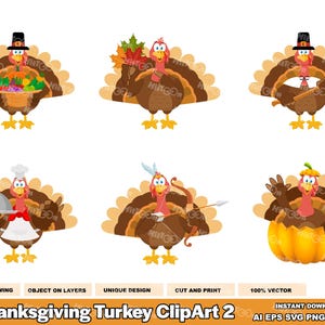 6 Thanksgiving Turkey Cartoon Clip Art Set – Vector Graphic Illustrations Bundle – Ai, Eps, Svg, Png, Jpg – Free Commercial Use