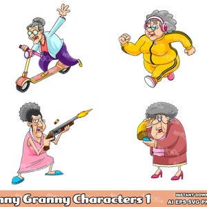 Funny Granny Cartoon Characters 1. Digital Clip Art Vector Graphic Illustrations Bundle Set. AI. EPS. SVG. Png and Jpg. Commercial Use