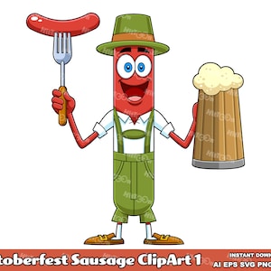 Oktoberfest Sausage Cartoon Character ClipArt 1. Vector Graphic Illustrations. AI. EPS. SVG. Pdf. Png and Jpg. Commercial Use