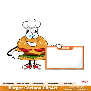 ハンバーガーの漫画クリップアート - デジタルクリップアートベクターグラフィックイラスト - Ai、EPS、SVG、PDF、Png、Jpg - 昇華転写と無料商用利用