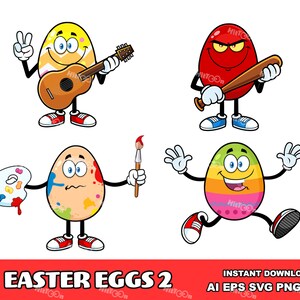 Easter Egg Cartoon Mascot Character 2. Digital Clip Art Vector Graphic Illustrations Bundle Set. AI. EPS. SVG. Png and Jpg. Commercial Use