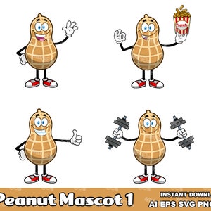 Peanut Cartoon Mascot Character - Digital Clipart Vector Graphic Bundle - Ai, Eps, Svg, Png, Jpg - Free Commercial Use