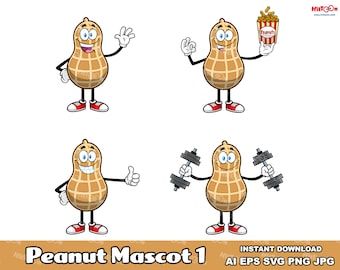 Peanut Cartoon Mascot Character - Digital Clipart Vector Graphic Bundle - Ai, Eps, Svg, Png, Jpg - Free Commercial Use