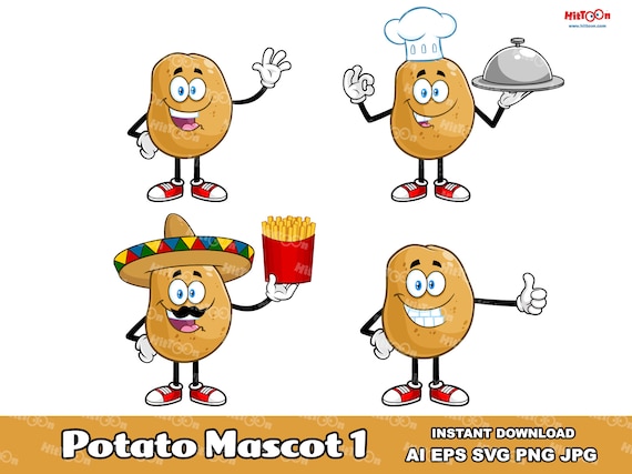 Potato Cartoon Mascot Characters 1. Digital Clip Art Vector Graphic Illustrations Bundle Set. AI. EPS. SVG. Png and Jpg. Commercial Use