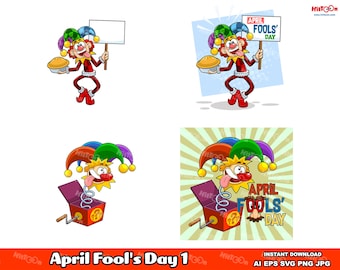 Funny April Fools Day Cartoons 1. Digital Clip Art Vector Graphic Illustrations Bundle Set. AI. EPS. SVG. Png and Jpg. Commercial Use