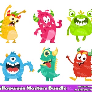 Paquete de 6 monstruos de Halloween. Conjunto de ilustraciones gráficas vectoriales con imágenes prediseñadas digitales. AI. EPS. SVG. Png y Jpg. Uso comercial