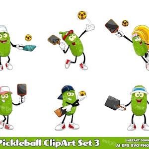 6 Pickleball Cartoon Clipart - Ręcznie rysowane wektorowe grafiki Bundle - Ai, Eps, Svg, Pdf, Png, Jpg - Bezpłatne wykorzystanie komercyjne