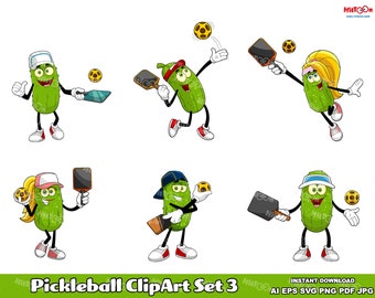 6 Pickleball Cartoon Clipart - Hand Drawn Vector Graphic Bundle - Ai, Eps, Svg, Pdf, Png, Jpg - Free Commercial Use