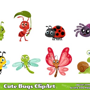 8 schattige insecten cartoon clipart – vector grafische illustraties bundelset – ai, eps, SVG, pdf, png, jpg – gratis commercieel gebruik