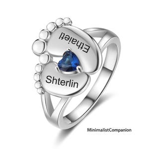 Custom Baby Footprint Cute Ring with Birthstone | Personalized Name Engraved Ring for Mom, Grandma | New Mom Gift, Mother&#39;s Day Jewelry