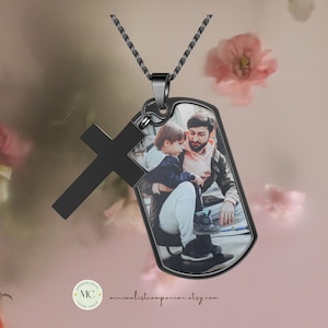 Custom Photo Necklace Cross Retro Charm, Personalized Pendant Engraved Name & Picture Necklace for Him, Dad Gift, Remembrance, Memorial Gift