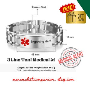 Custom 3 Line Engraved Medical Alert Bracelet | Stainless Steel ICE ID Bracelet for Men | Safety Emergency Jewelry | Gift for Him, Diabetics