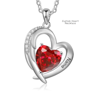 Custom Heart Necklace with Birthstone | Personalized White Gold Plated Pendant | Mother’s Day Gift for Her | Engraved Jewelry for Women