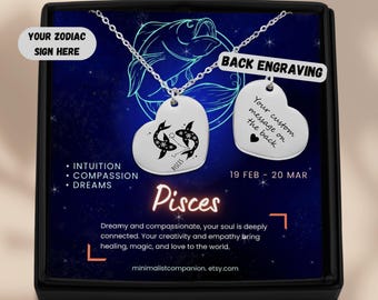 Pisces Sternzeichen Herz Halskette | Gravierte Astrologie-Anhänger