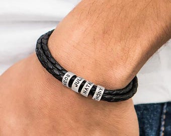 Dad Bracelet With Kids Names, Personalized Braided Leather Name Bracelet, Custom Family Gift for Dad or Husband