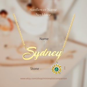 Sunflower Birthstone Name Necklace for Women | Personalized Sunflower Pendant Jewelry | Christmas Gift for Mom or Her | Thanksgiving Gifting