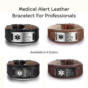 Custom Leather Medical Alert Bracelet for Men | Engraved Emergency ID Diabetic Bracelet | Adjustable 4 Color Medical Id Wristband Medic Gift
