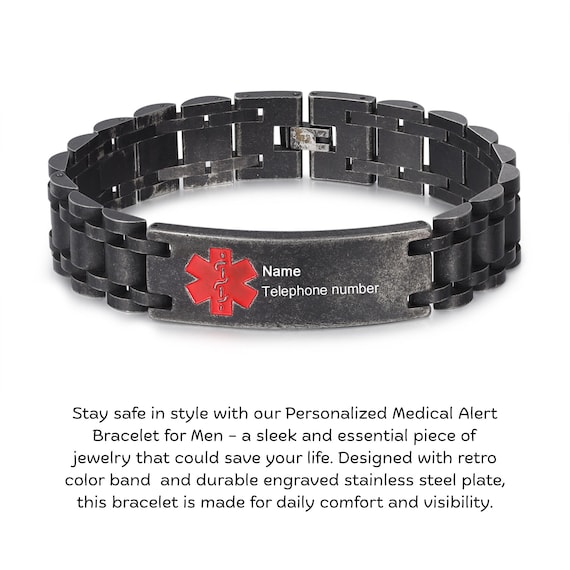 Personalized Engraved Medical Alert Bracelet for Women Men, Braided Leather ID Bangle, Disease Allergy Awareness Alert Wristband