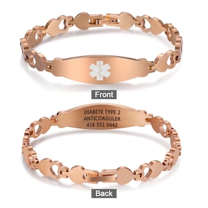 Custom Engraved Rose Gold Medical Alert Bracelet | Stainless Steel Emergency ID Jewelry for Women | Personalized Health Info Safety Gift