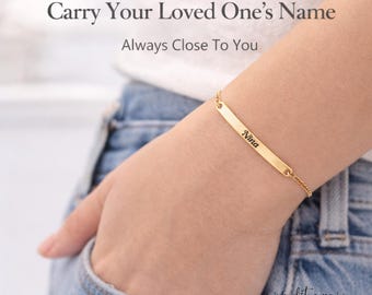Personalized Name Bar Bracelet, Custom Engraved Minimalist Jewelry, Gold Silver Rose Gold Gift