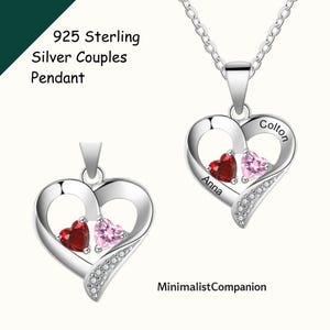 Custom Name Heart Necklace with 2 Birthstones | 925 Sterling Silver Twin Flame Couples Pendant | Personalized Gift for Her, Wife, Girlfriend
