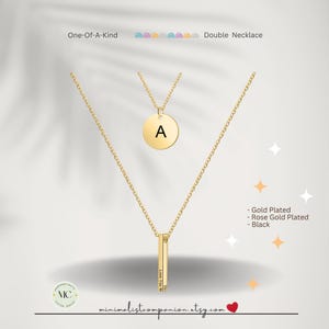 Personalized Vertical Bar Initial Double Strand Necklace Gold,Rose Gold,Black | Engraved Letter Bar & Disc Double Necklace Christmas Jewelry