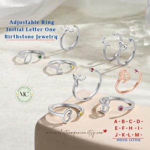 Personalized Letter Initial Rings with Birthstone • A-Z Adjustable Letter Ring for Her • Custom Gift Jewelry Gold/Silver Promise Ring Women