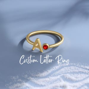 Custom Letter Birthstone Gold Ring for Women | Personalized Alphabet Ring | Adjustable Stackable Name Ring for Her, Bridesmaid, Birthday