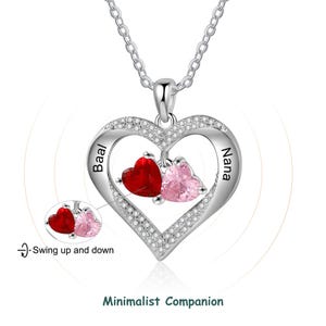 Birthstone by Month Custom Name Pendant | Personalized 2 Name Heart Necklace with 2 Birthstones for Women on Mother's Day, Christmas Gifting