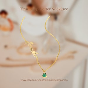 Custom Birthstone Drop Necklace | Personalized Teardrop Gemstone Charm | Birthday Jewelry for Women, Mom, Wife | Thank You Name Jewelry Gift