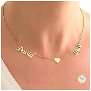 Two Name Necklace with Heart | Personalized Double Name Necklace |Family Name Necklace in Gold, Silver, Rose | Custom Children Name Necklace