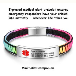 Custom Engraved Stainless Steel Medical Alert Bracelet | Rainbow Paracord Emergency ID Bracelet for Diabetes, Epilepsy, Allergy, ICE