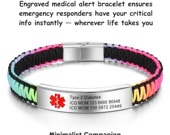 Custom Engraved Medical Alert Bracelet | Stainless Steel Rainbow Paracord