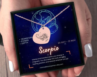 Scorpio Zodiac Heart Necklace: Engraved Astrology Pendant