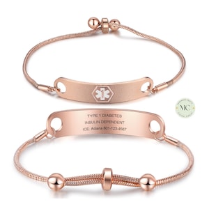 Custom Medical Alert Bracelet for Women | Rose Gold Plated Emergency ID Jewelry | Engraved Rhodium Plated Adjustable Safety Bracelet