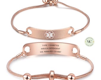 Custom Rose Gold Medical Alert Bracelet | Engraved Emergency ID Jewelry