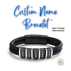 May include: Black braided leather bracelet with silver name beads. The bracelet has a magnetic clasp and can be customized with up to 5 names. Text on the image reads "Custom Name Bracelet."