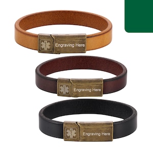Custom Leather Medical Alert Bracelet | Engraved Emergency ID Tag for Men Women