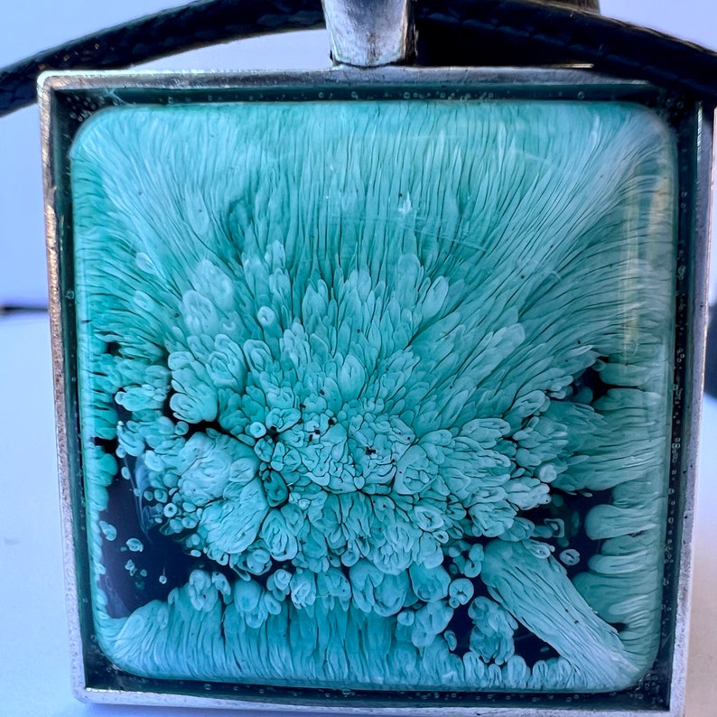 Green square necklace with resin. Green square pendant with frame. Green square petri effect 2.0 necklace. image 10