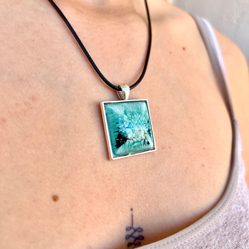 Green square necklace with resin. Green square pendant with frame. Green square petri effect 2.0 necklace. image 1