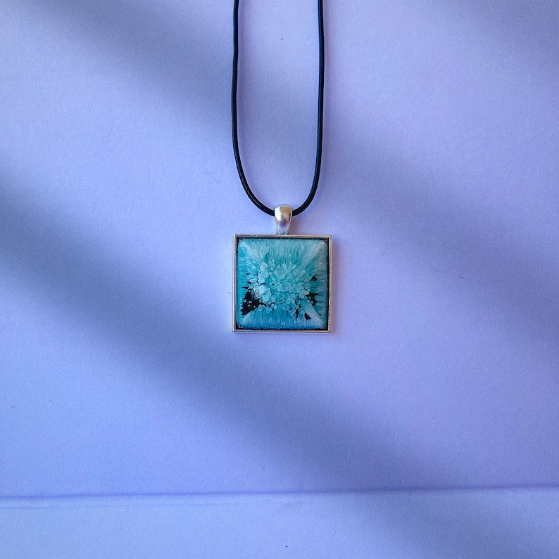 Green square necklace with resin. Green square pendant with frame. Green square petri effect 2.0 necklace. image 6