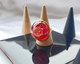 Bright red galaxy resin ring with gold leaf, red statement ring with stainless steel, adjustable ring