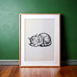 Vintage Sleeping Cat Print: Boho Wall Art, Retro Decor (Digital Download)