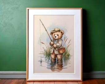Teddy Bear Fishing Print: Watercolor Nursery Wall Art (Digital Download)