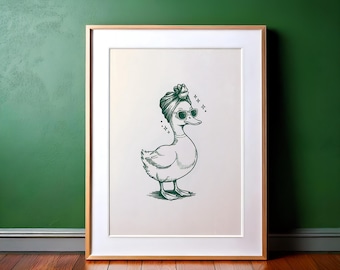 Cool Duck in Slippers Art Print Green Retro  Vintage Art Funky Duck  Bathroom Wall Art Trendy Decor  Digital Download  Quirky Animal Poster