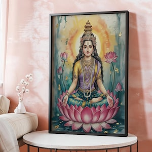 Lakshmi Canvas Art: Watercolor Hindu Goddess Painting, Spiritual Home Decor