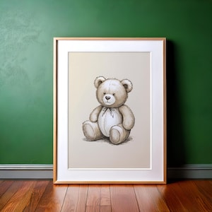 Lámina vintage de osito de peluche para habitación de bebé: arte neutro para habitación de bebé, ilustración de boceto de juguete, decoración de pared vintage imprimible