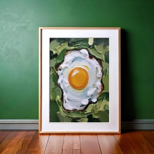 目玉焼きのインパスト絵画油絵プリント：ヴィンテージキッチン装飾、バーカートの壁装飾、食品印刷可能な壁アート、朝食、ブランチ、レトロ